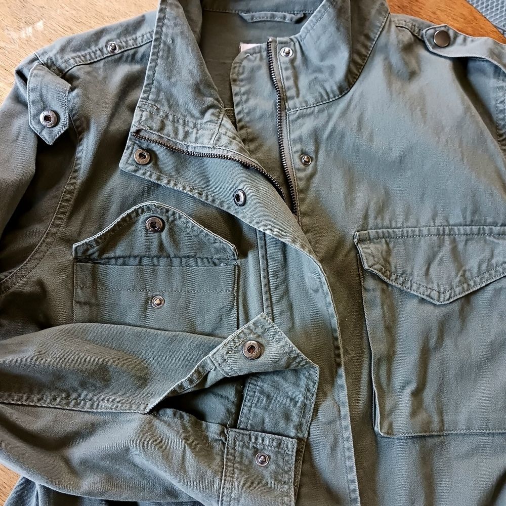 Cotton Utility Jacket Snaps Zip Pockets Army Drab Green Military Epaulets Size M - Picture 5 of 11